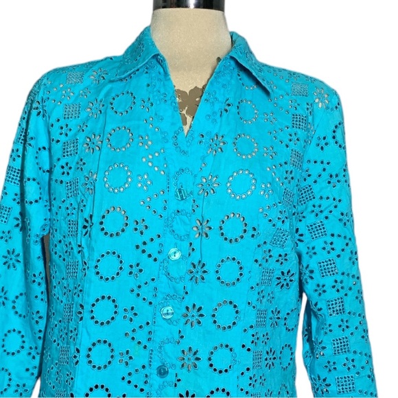 ATTITUDE Gorgeous Blue Green Eyelid 3/4 Sleeves Blouse Size L - Picture 8 of 13